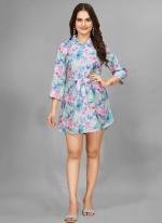 Rayon Sky Blue Party Wear Printed Readymade Dress